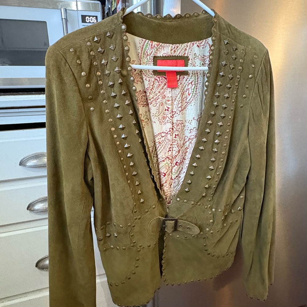 Early Y2K Studded Olive Green Women's Suede Jacket